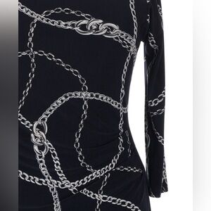 Lauren Ralph Lauren Ruched Chain Print Dress 6 Black Classic Officesiren Preppy